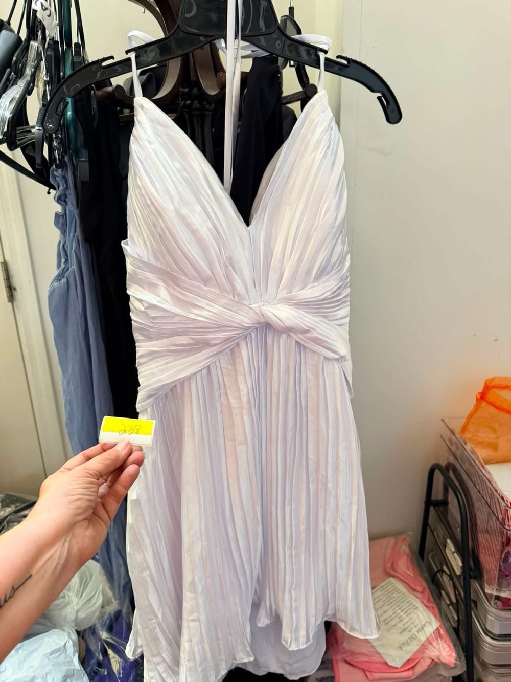 Pleated V-Neck Spaghetti Strap Dress in white